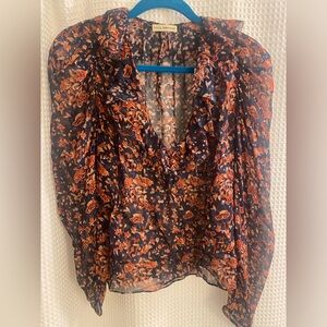 Ulla Johnson Floral Printed Chiffon Blouse with Gold Lurex